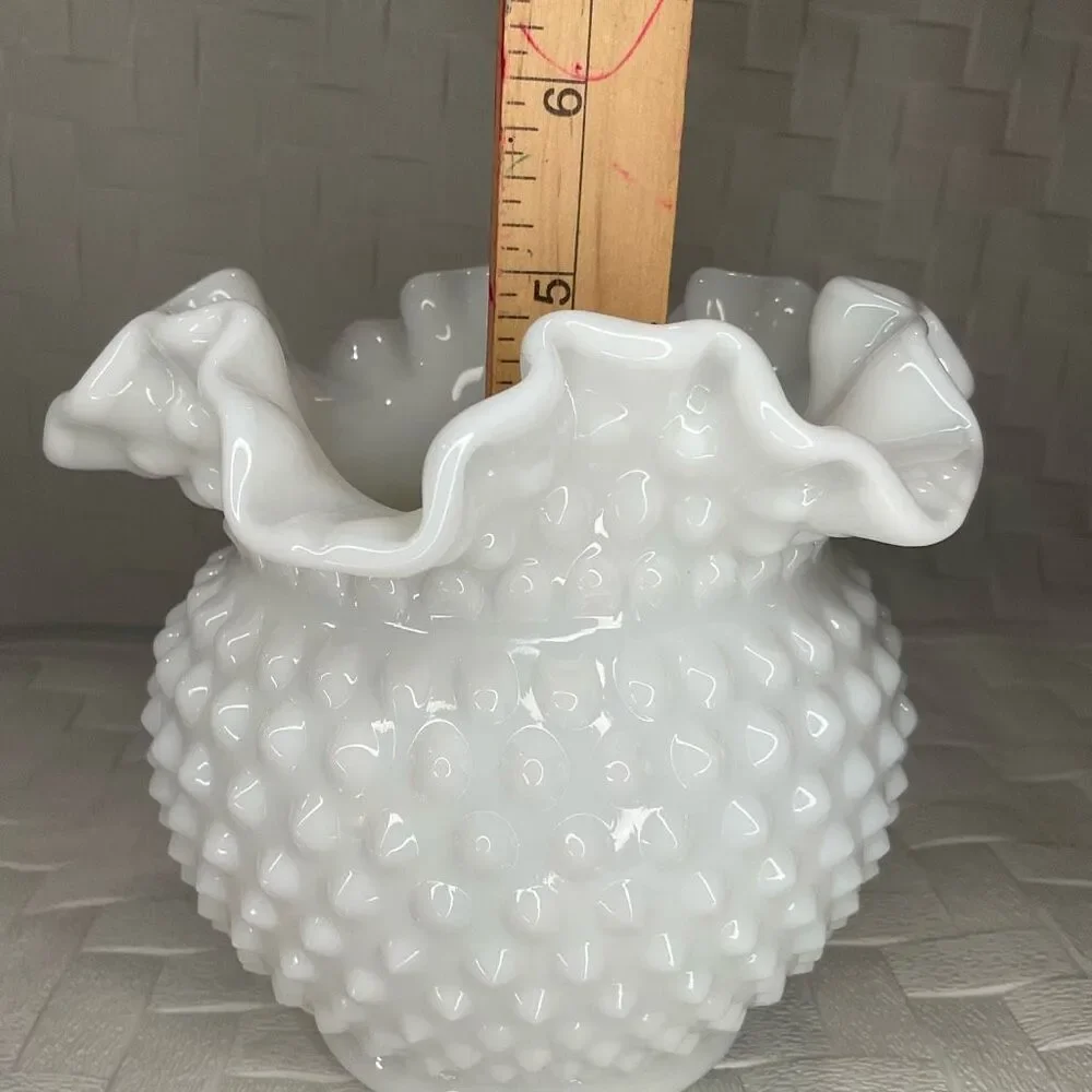 Vintage Milk Glass‎ Cupped Vase Double Crimped Fenton Art Glass Hobnail Shape *